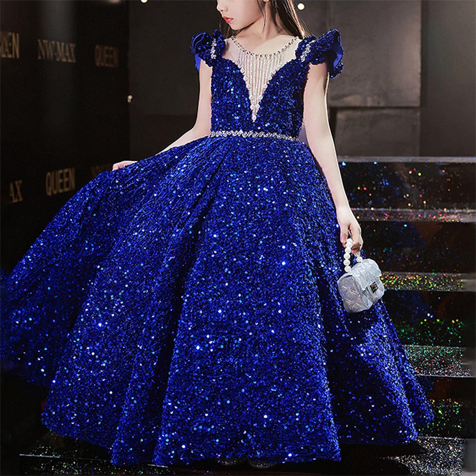 

Кружевное платье принцессы с короткими рукавами для маленьких девочек, праздничное тюлевое платье, одежда для косплея 140 синий