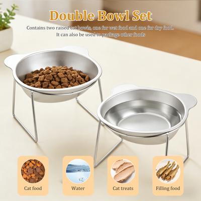 2Pcs Elevated 15° Tilted Cat Bowl Stainless Steel Raised Pet Feeding Bowl Neck Guard Healthy Feeding Cat Water Bowl Pet Supplies