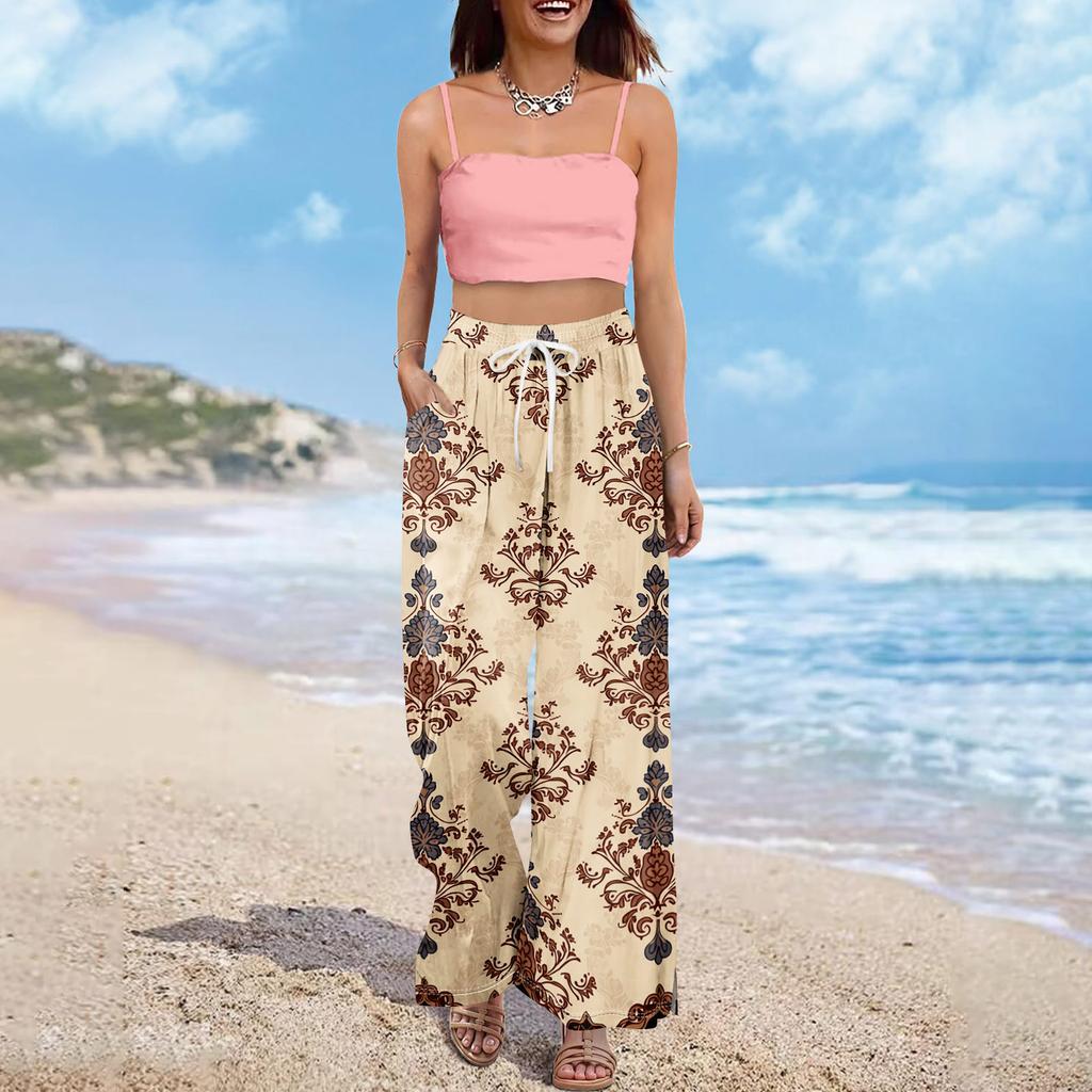 Dames zomer boho palazzo broek met hoge taille, wijde pijpen en bloemenprint, casual broek met zakken