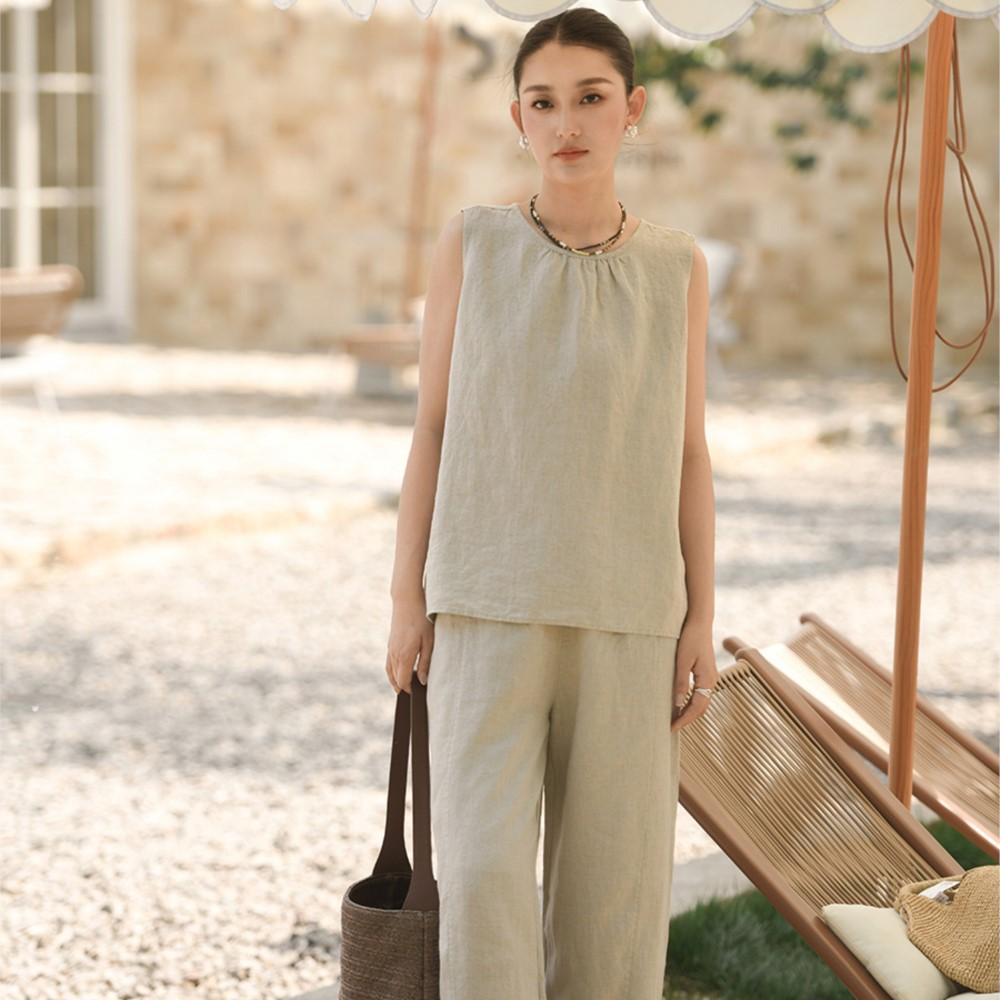 Johnature Women Vintage Tops Summer Chinese Style O-Neck Sleeveless Cloths Solid Color Casual Tops