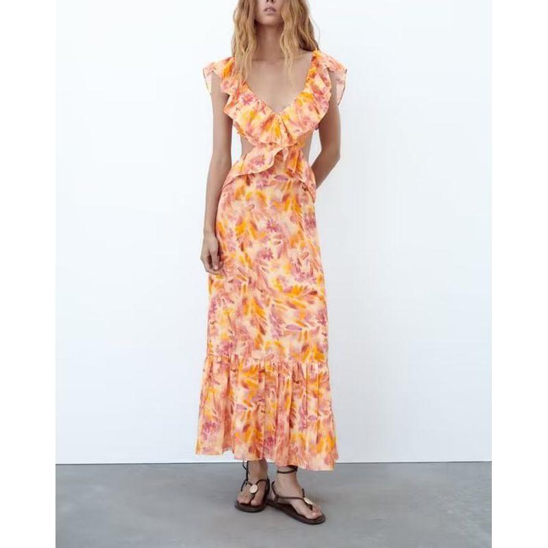 Spring New French Style Evening Dress Backless Design Laminated Decoration Print Midi Dress 2731245