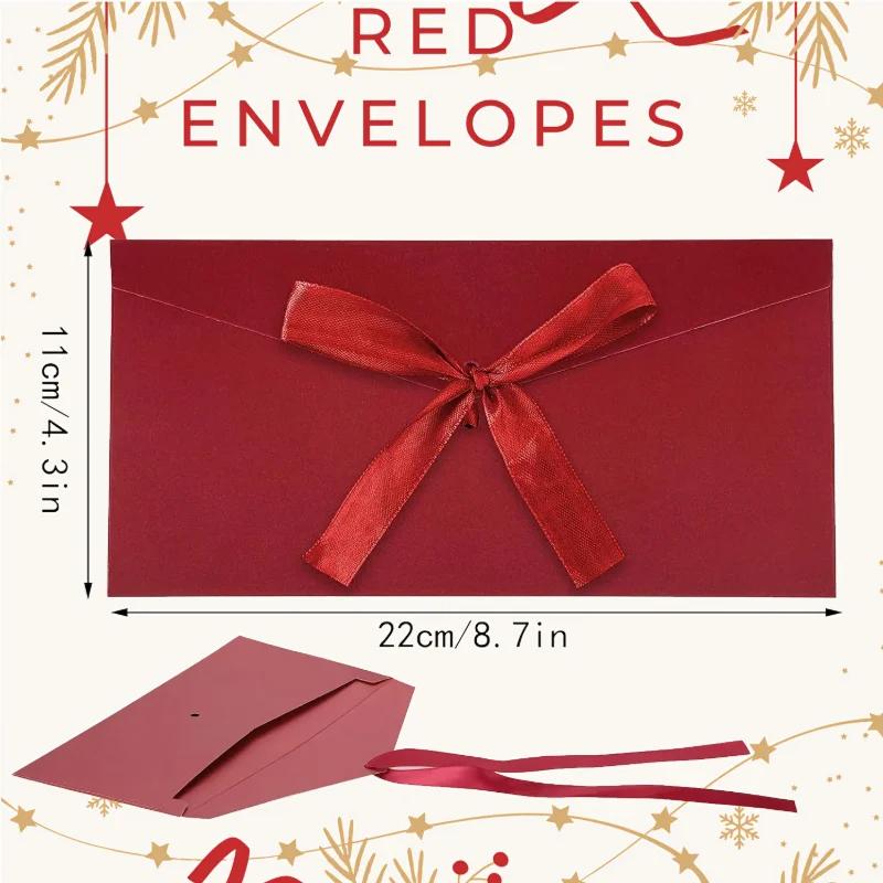 15/30 Pack Kraft Paper Envelopes with Ribbons, Invitation Envelopes for Festival and Party - Red