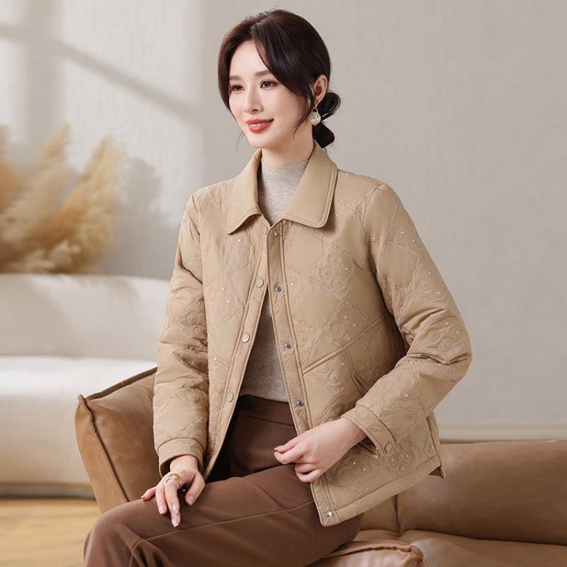 

Autumn and winter jacket padded cotton-padded jacket short women s warm lapel small cotton-padded jacket 5XL [Recommended 150-80 kg] абрикосовый