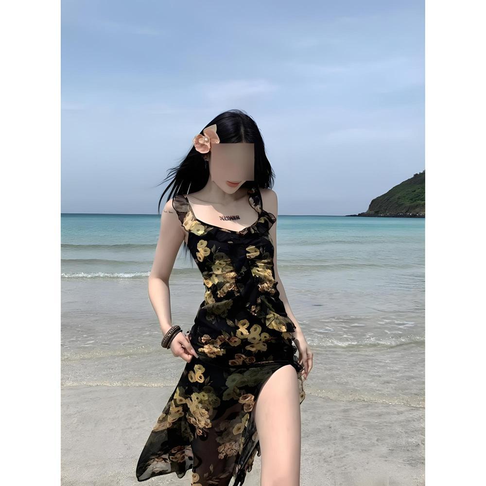 Women's summer fishtail skirt slim waist retro ruffle edge floral suspender dress split fork long dress hip skirt