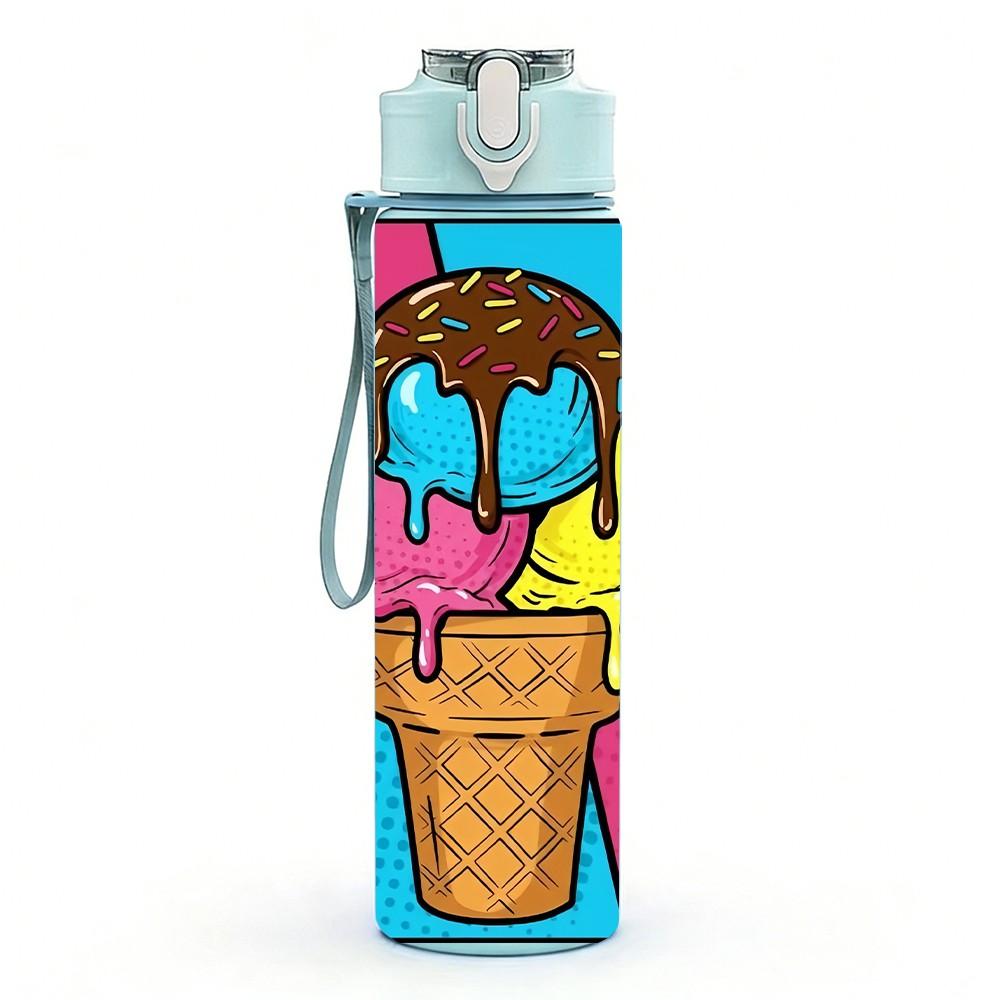 1PC Ice Cream Cone Pop Comic Burst Background 750ml Color Plastic Sports Water Bottle Leakproof Flip Straw Lid Suitable for Sports Office Home Use
