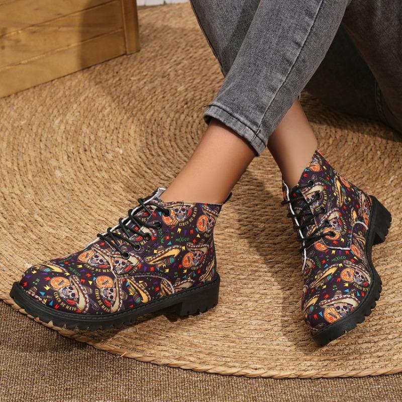 Große Größe Halloween-Muster niedriger Schaft Mode Stiefel Herbst und Winter neue Plateau Damenstiefel