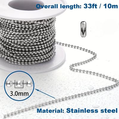 1000cm/393 inç çelik bilyalı zincir boncuk köpek etiketi zinciri boncuklu metal fermuar küçük bilyalı boncuk zinciri 50 adet bağlayıcı 33 feet 3.0 mm )