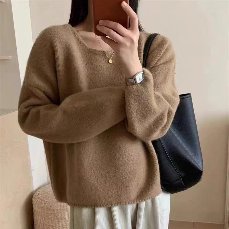 Lazy Wind Knitted Sweater Women's Autumn and Winter New Loose Pullover Gentle Temperament Solid Color Versatile Top