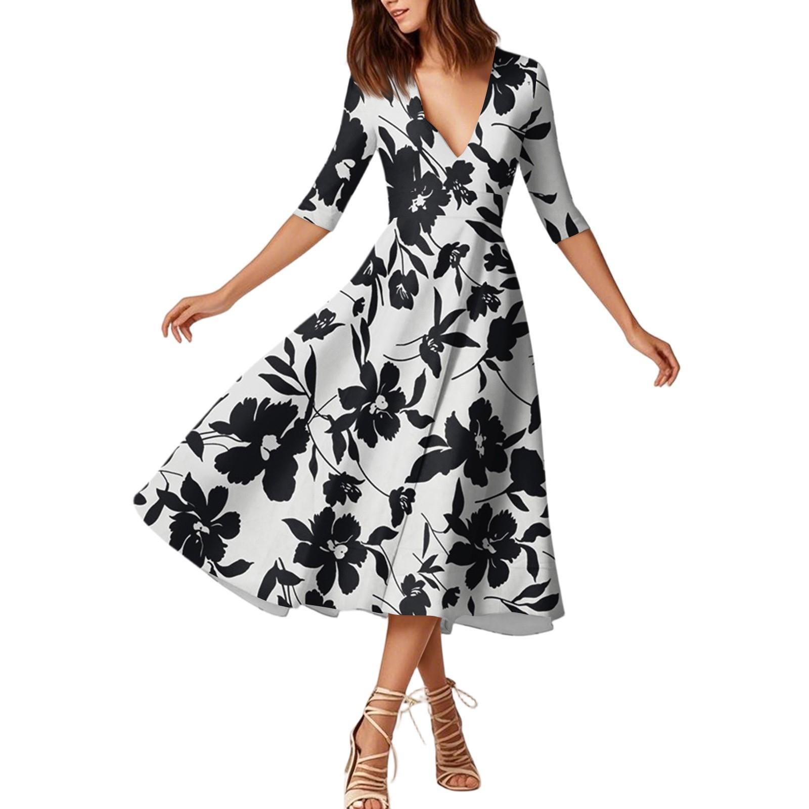 

Модное платье средней длины с рукавами средней длины, цветочным принтом и сексуальным V-образным вырезом XL белый