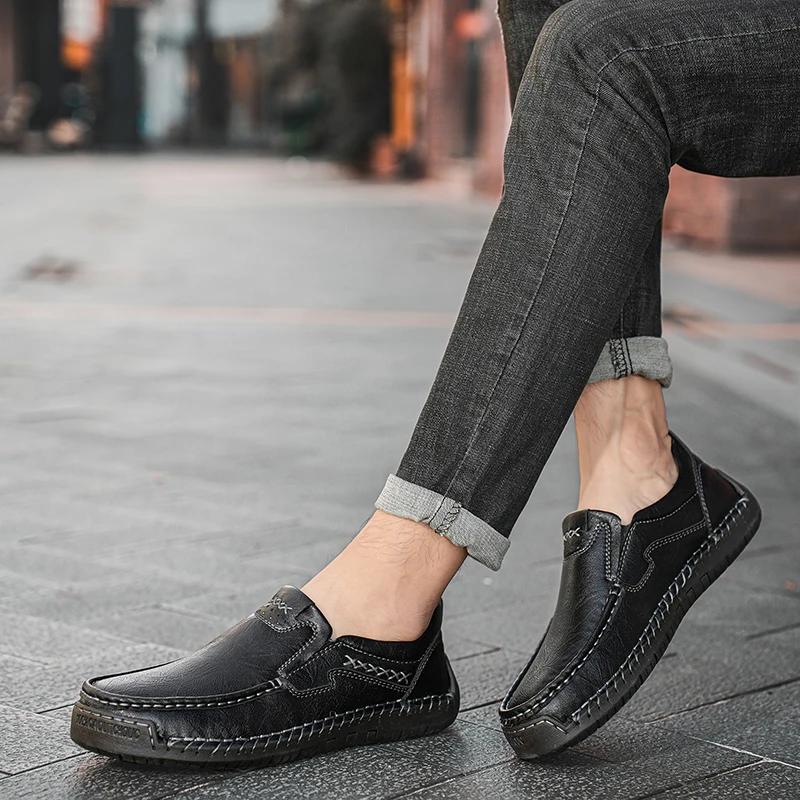 Fashion Brand Casual Business Leather Shoes Men's Handmade Platform Loafers Outdoor Anti Slip Comfortable Luxury Lazy Shoes Large Size
