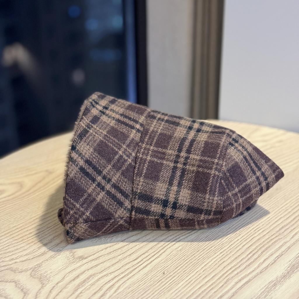 Winter vintage Japanese plaid fleece flat top reversible bucket hat women's fashion outdoor lace-up bucket hat