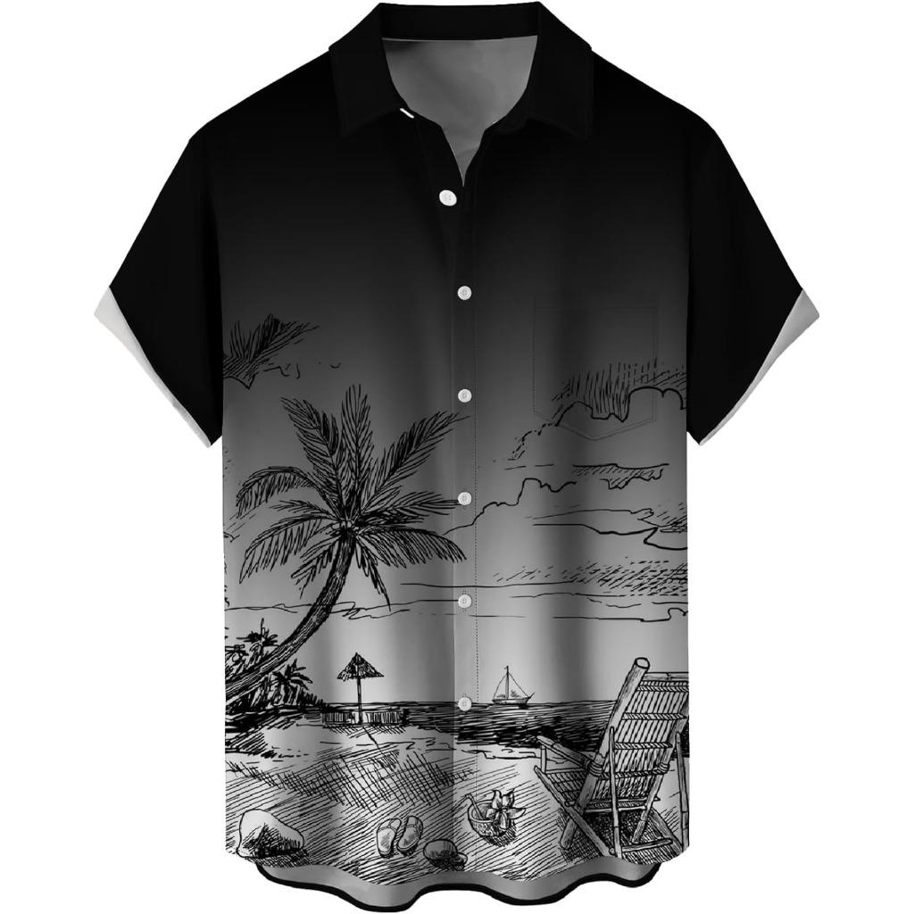 Summer Men's Gradient Sketch Coconut Tree 3D Print Shirt, Retro Hawaiian Tropical Quick-Drying Loose Aloha Shirt