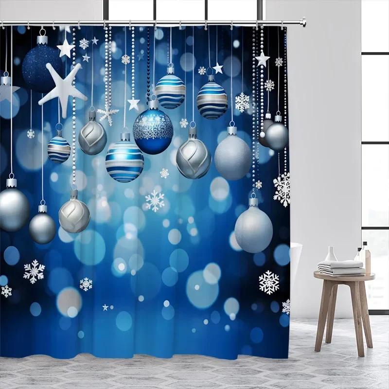 Christmas Balls Shower Curtain Green Pine Boughs Gold Stars Snowflakes New Year Xmas Bath Curtain Home Bathroom Decor With Hooks