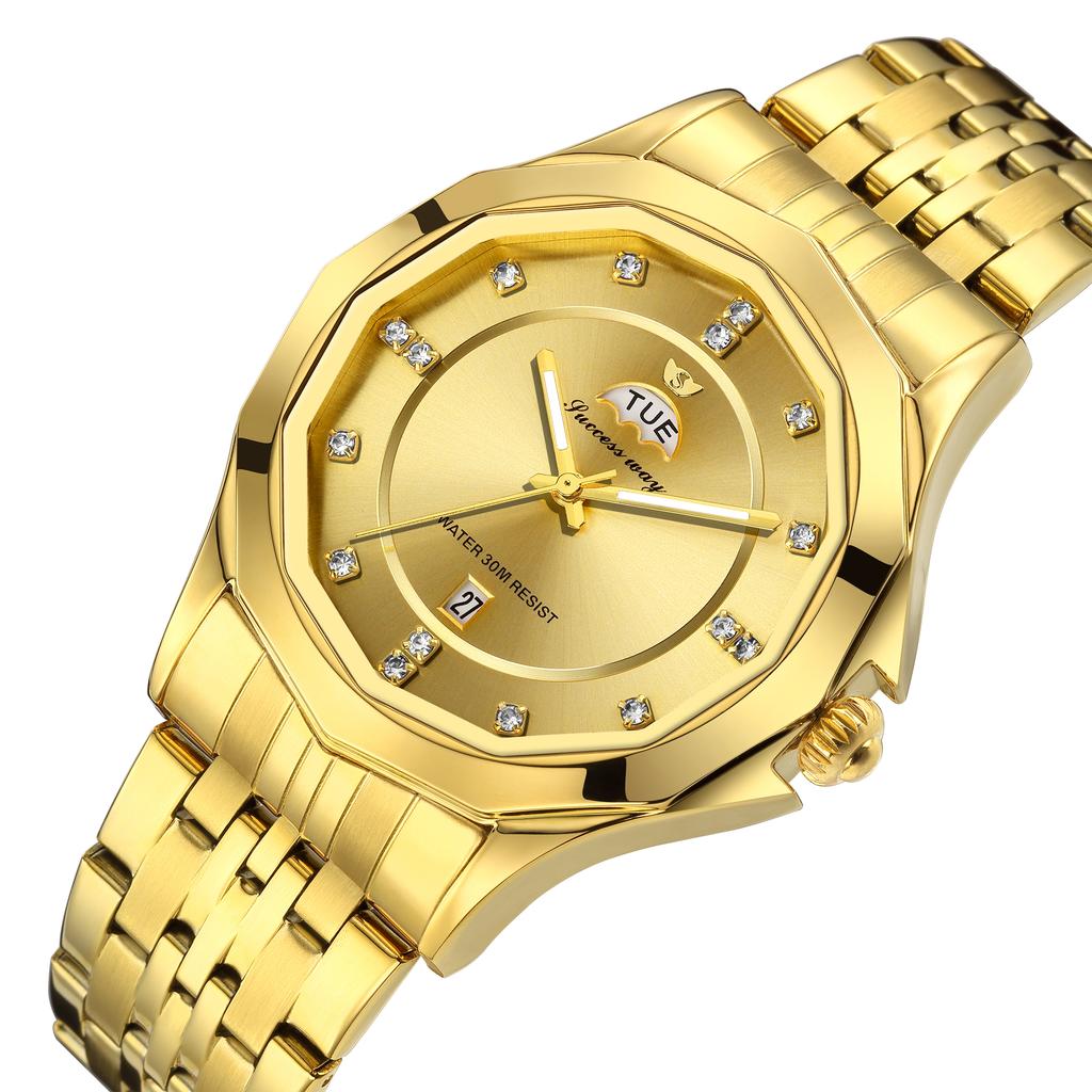 New luxury fashionable men's quartz watch calendar week night light waterproof diamond inlaid leisure business quartz watch