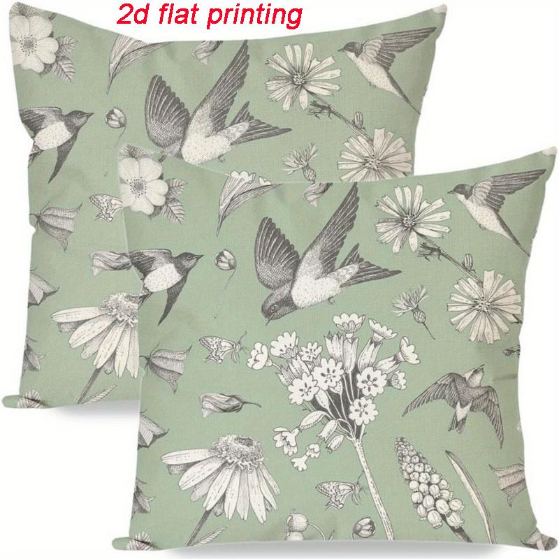 2pcs 2d Flat Printing Vintage Floral Decor Throw Pillow Covers Set- Sage Green with Black White Floral Bird Pattern 10290₽