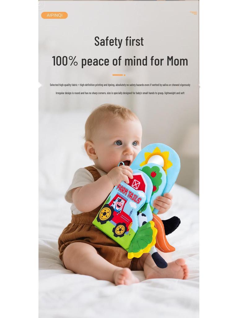 Baby Animal Shape Touch & Feel Cloth Book with Crinkle Paper, Tear-Resistant Pages, Mirror & 3D Tails