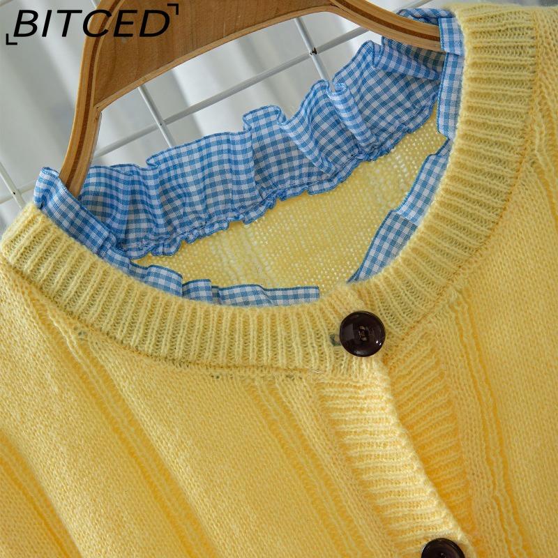 BITCED Women's Knit Cardigan Sweater - Autumn Ruffled Patchwork Slim-Fit Cropped Top Outerwear Cardigan