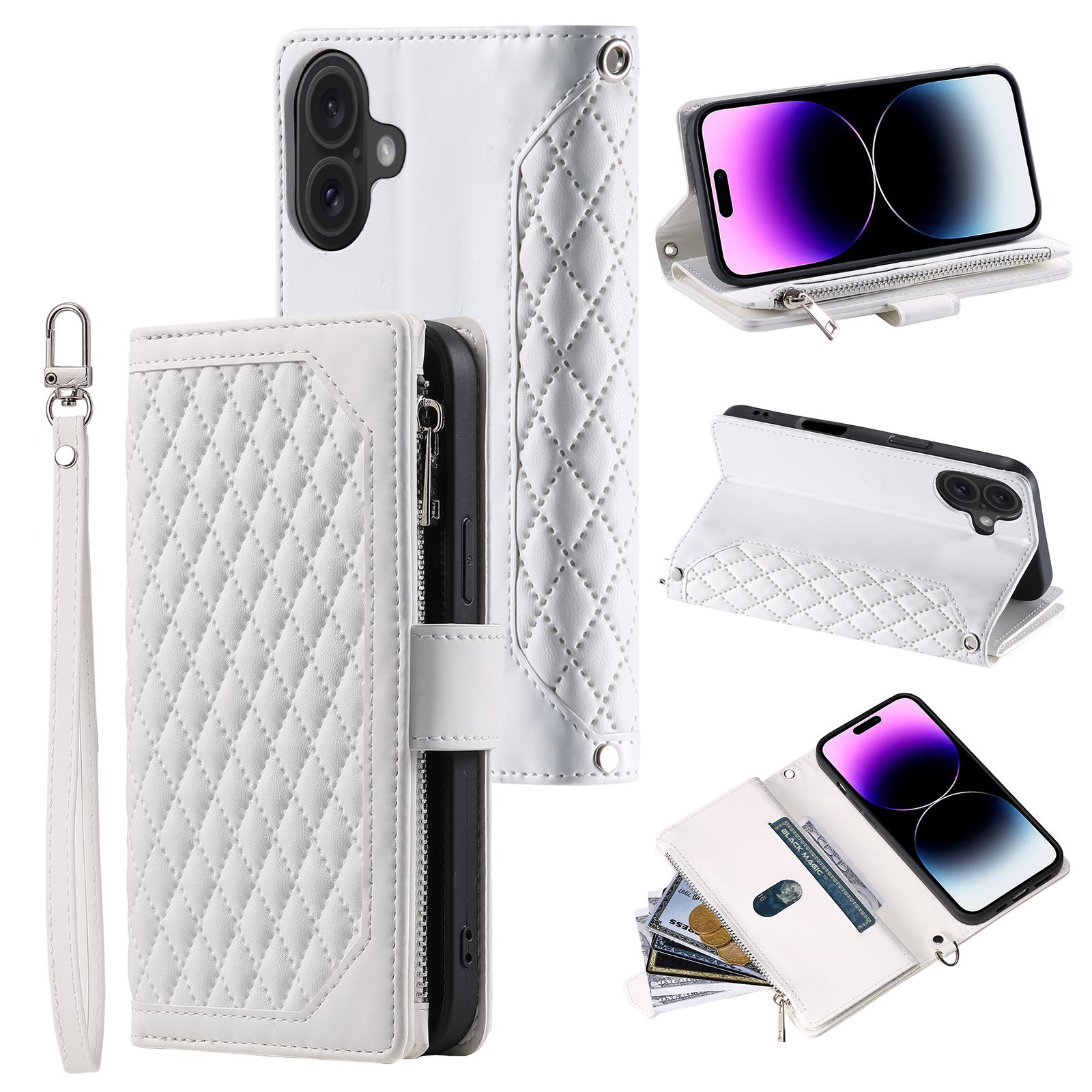 

For iPhone 17 Wallet Case Rhombus Stitching Line PU Leather Phone Cover with Wrist Strap White