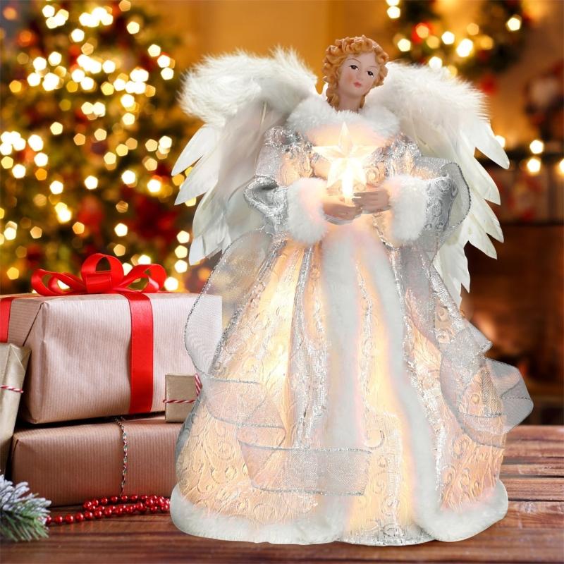 LED Light Silver Golden Angel Tree Topper Christmas Tree Accent 12" Height ForXmas Decoration Ornament
