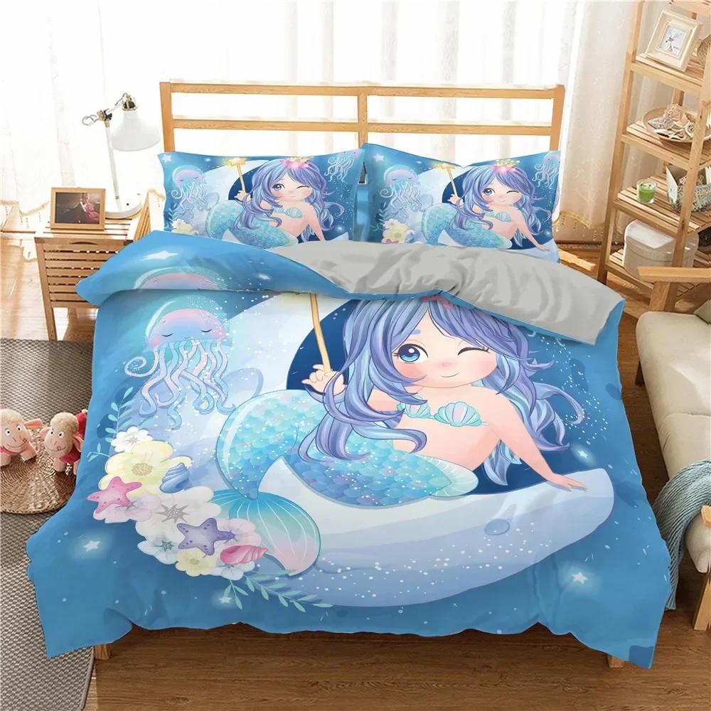 Mermaid Underwater World Comfortable Duvet Quilt Cover Pillowcase Bedding Set Children Bedroom Decoration Home Textile