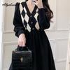 Autumn Winter Women Black Midi Dress V Neck Geometry Knitting Corduroy Patchwork Dress Long Sleeve Casual Basic Dress