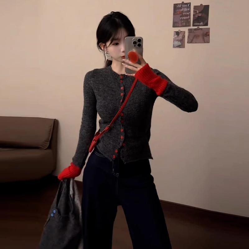 Gray splicing knitted cardigan women's spring design sense niche slim-fit sweater Spice girl with thin top