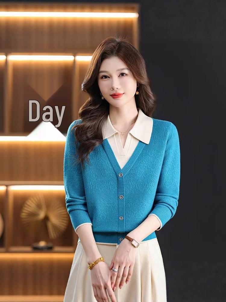Women's Color Block Knit Sweater with Lapel and Faux Two-Piece Design