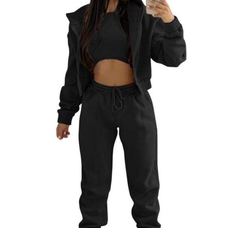 

Women Fleece Sweatsuits Set 3 Piece Zip Up Hoodie Tank Top Jogger Sweatpants Casual Tracksuit Outfits for Fall 2XL чорний