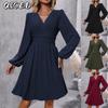Fashion Autumn Winter Solid Color Print V-Neck Long Sleeve Casual Dresses