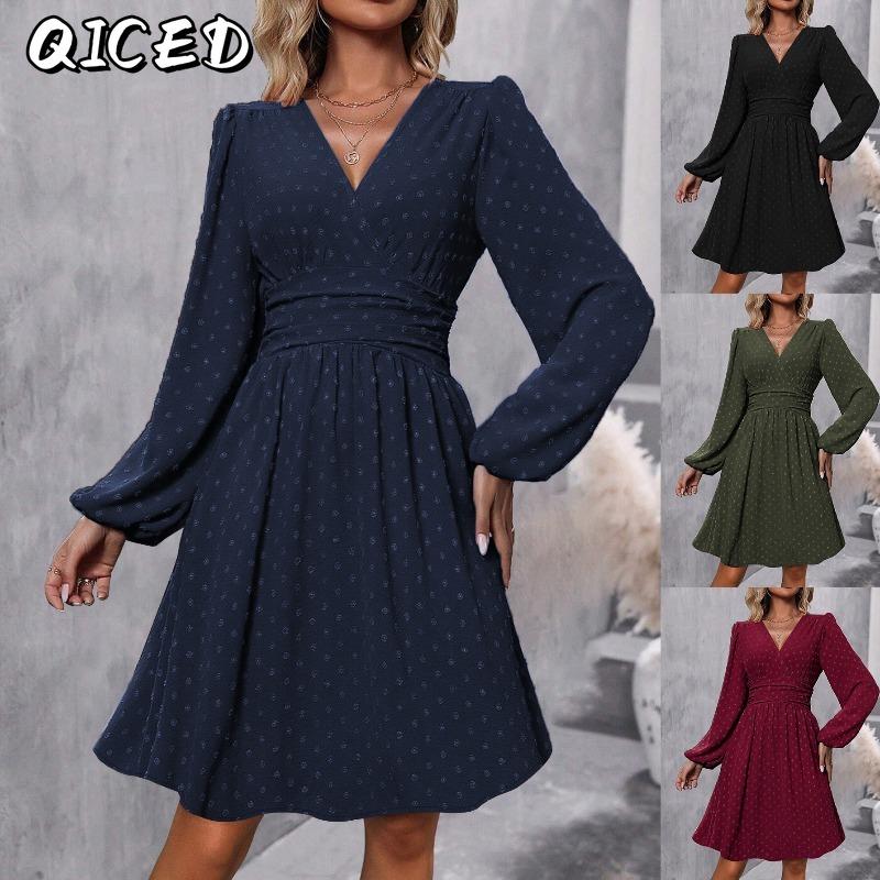 QICED Fashion Autumn Winter Solid Color Print V-Neck Long Sleeve Casual Dresses