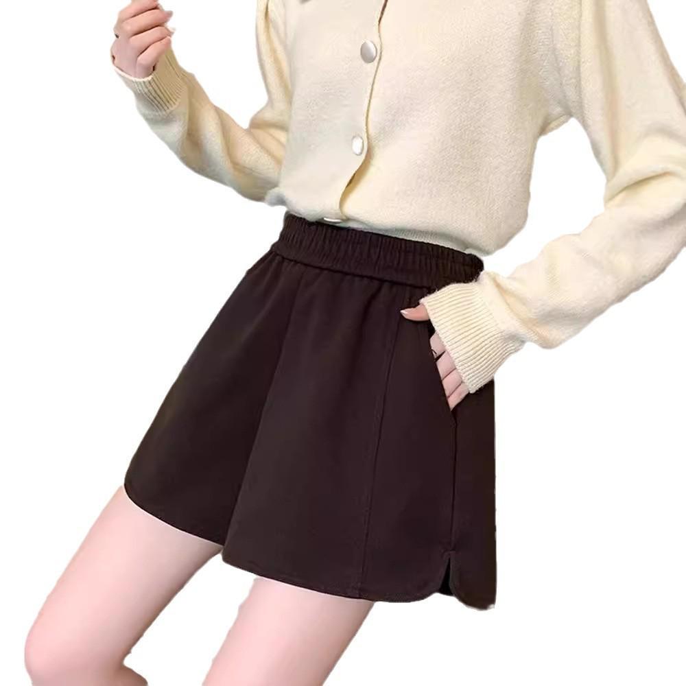 2024 Women's Woolen A-line Wide Leg Booty Shorts: Elastic Waist Casual Outerwear for Autumn & Winter