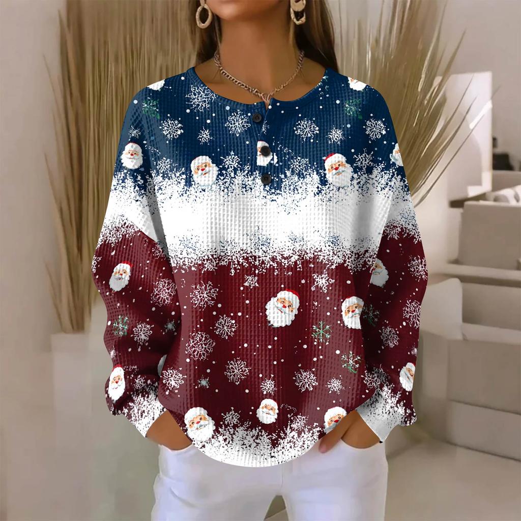 Camicia da donna alla moda casual con stampa natalizia, scollo a V, maniche lunghe e abbottonatura.