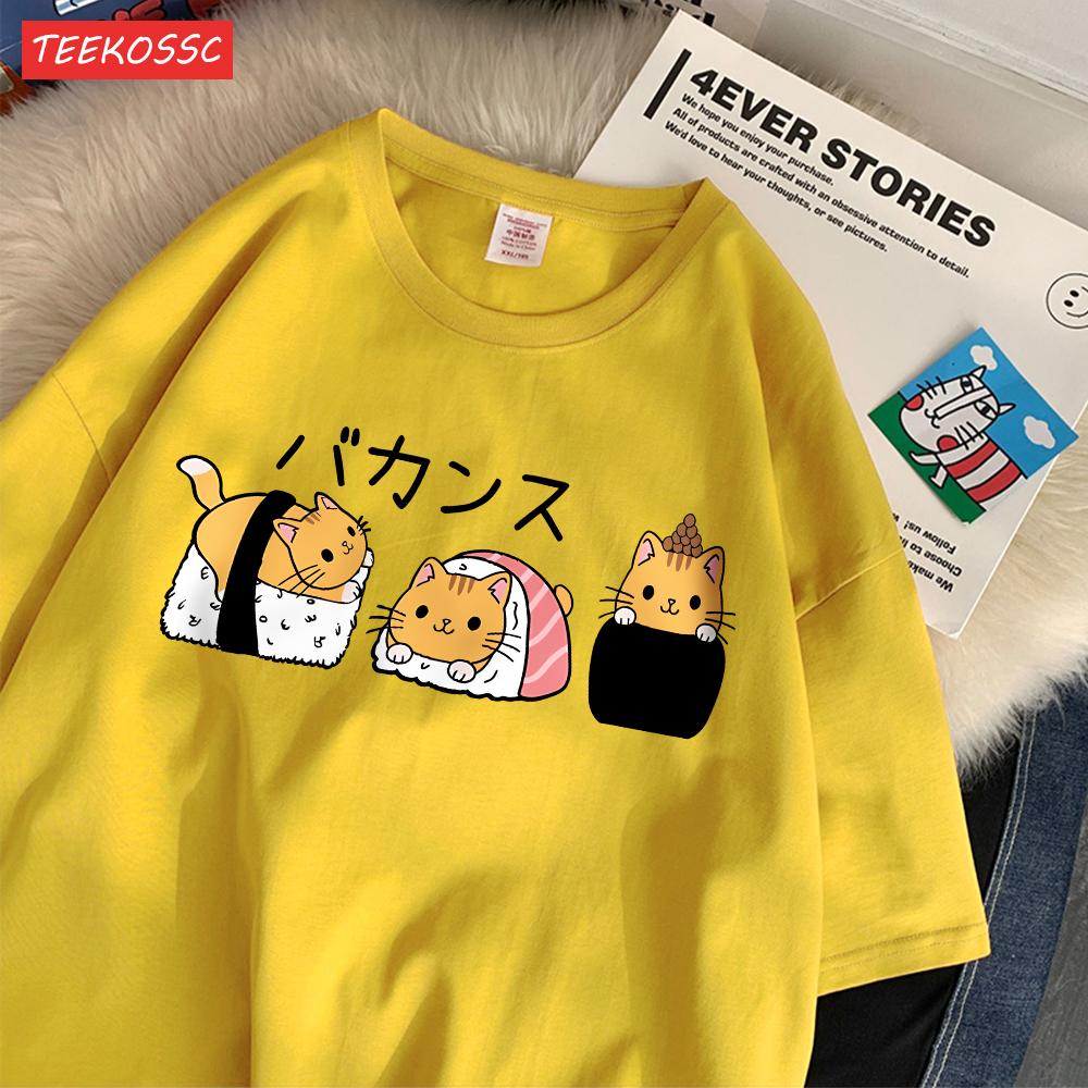 Fashion Women T-Shirts Japanese Cute Cat Sushi Printing Short Sleeve Oversize O-Neck Soft Summer Casual Female Clothes