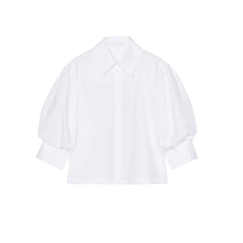 Spring and Summer New Women's Clothing Commute Leisure Decorated Row Button Cotton Puff Sleeves Poplin Lapel Shirt 2731082