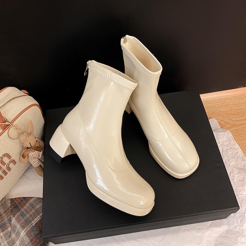 Waterproof Table High-heeled Short Boots Women's Autumn and Winter Thin Boots Thick Heel Zipper Elastic Beige Martin Boots