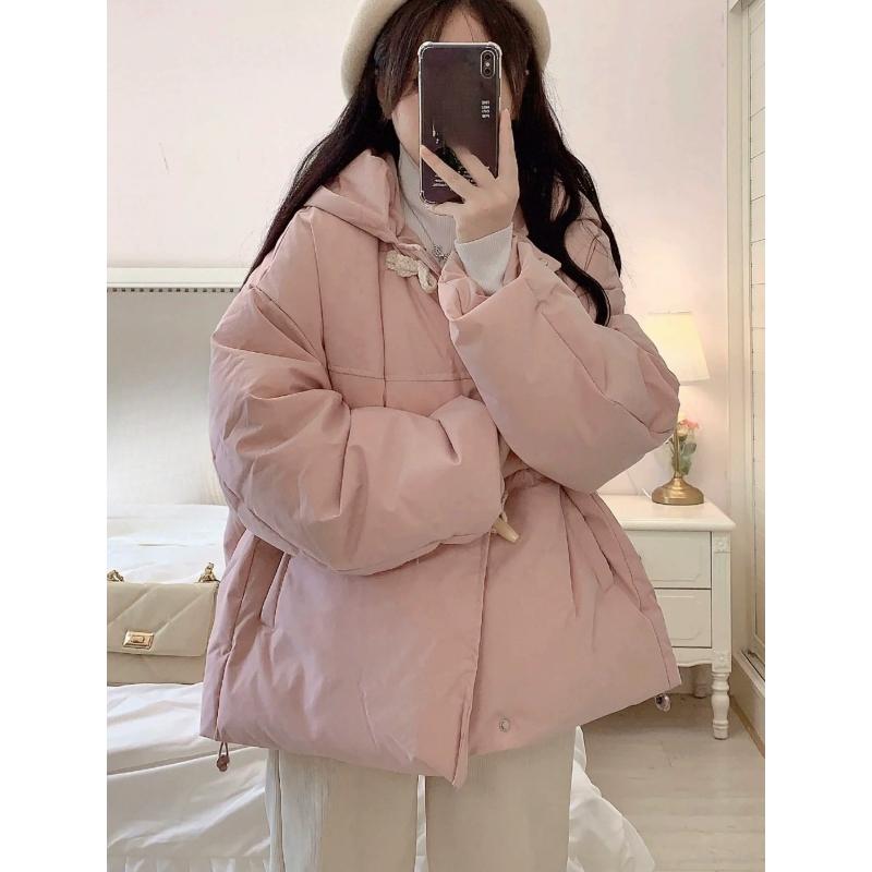 Winter Horn Button Cotton-padded Jacket Women's Design Sense Niche Loose Thick Hooded Bread-padded Jacket