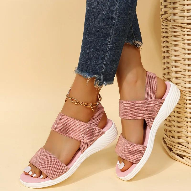 Fashionable Elastic Fabric Sandals 2024 Summer Women's Casual Fish Mouth Sports Shoes Large Flat Bottomed Breathable Sandals