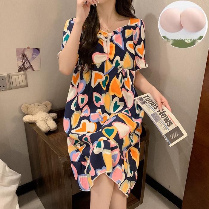 2024 Sommer-Kurzarm-Nachthemd mit Brustpolster – Niedlicher Wolken-Baumwoll-Cartoon-Prinzessinnen-Stil