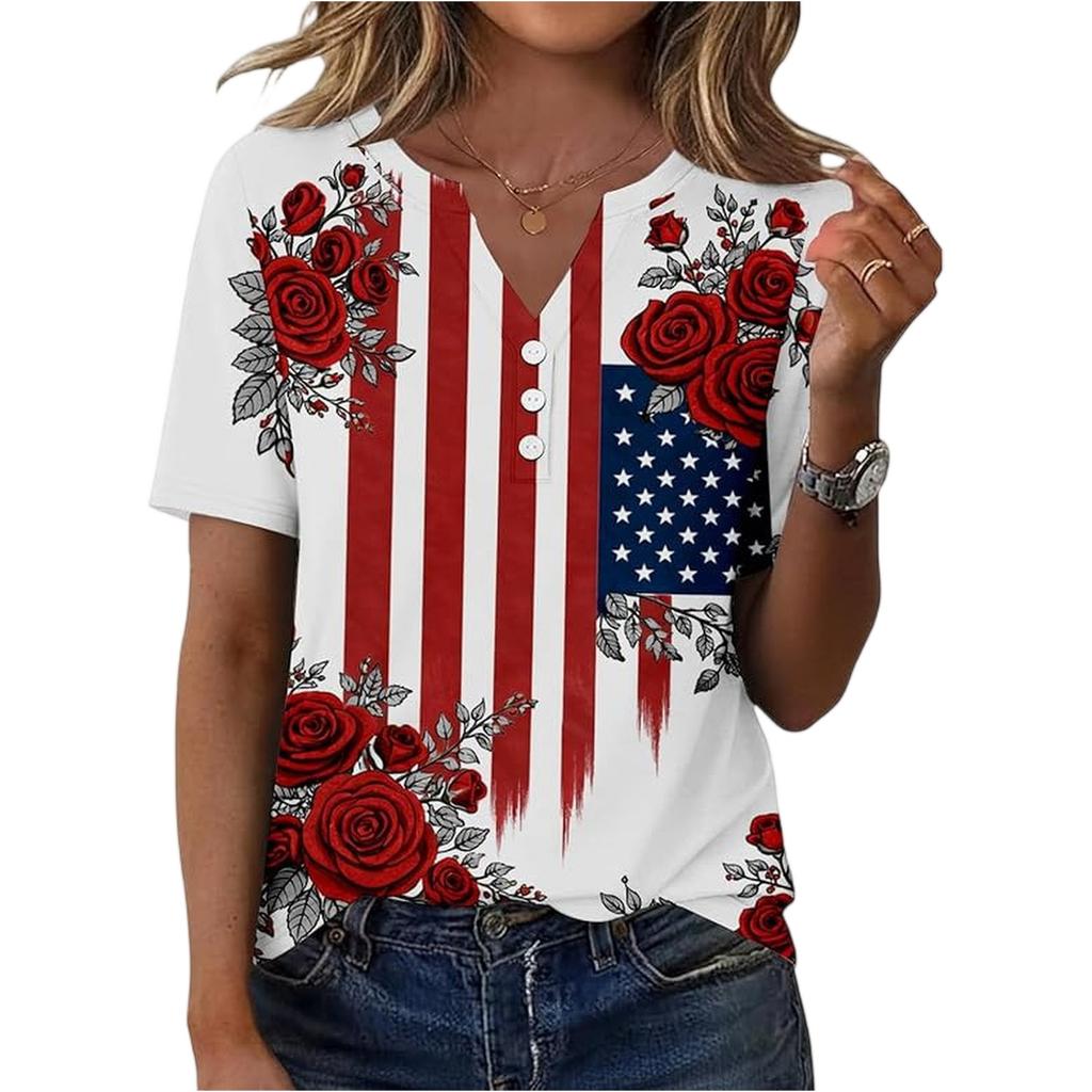 Women’s Short Sleeve Henley Neck T Shirt with Flag and Floral Print Button Casual Loose Fit Top