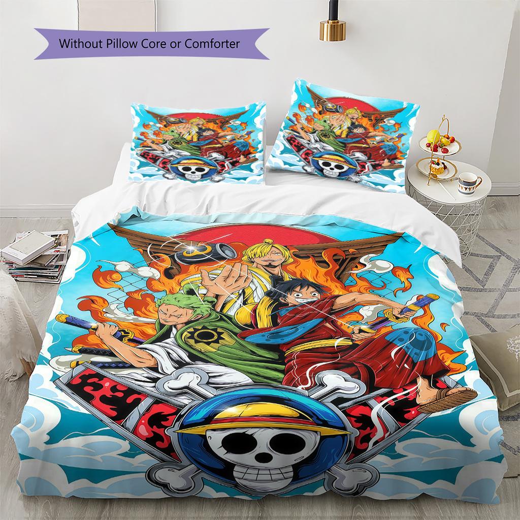 One Piece Straw Hat Crew Full Members 2 Bedding Set, 1 Duvet Cover & 2 Pillowcases, Suitable for Home Decor, Ideal Gift for Fans