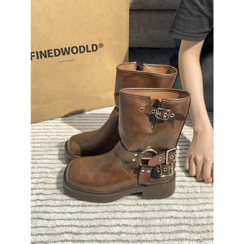 New Women's Ankle Boots Autumn Work Fashion Elegant Punk Luxury Low Heel Round Toe Leather Boots Designer Women's Platform Boots