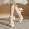 2024 Spring New Women's Pumps White Pearls Ankle Strap Wedding Party High-heeled Summer Pointed Silk Back Bowtie Stiletto Shoes