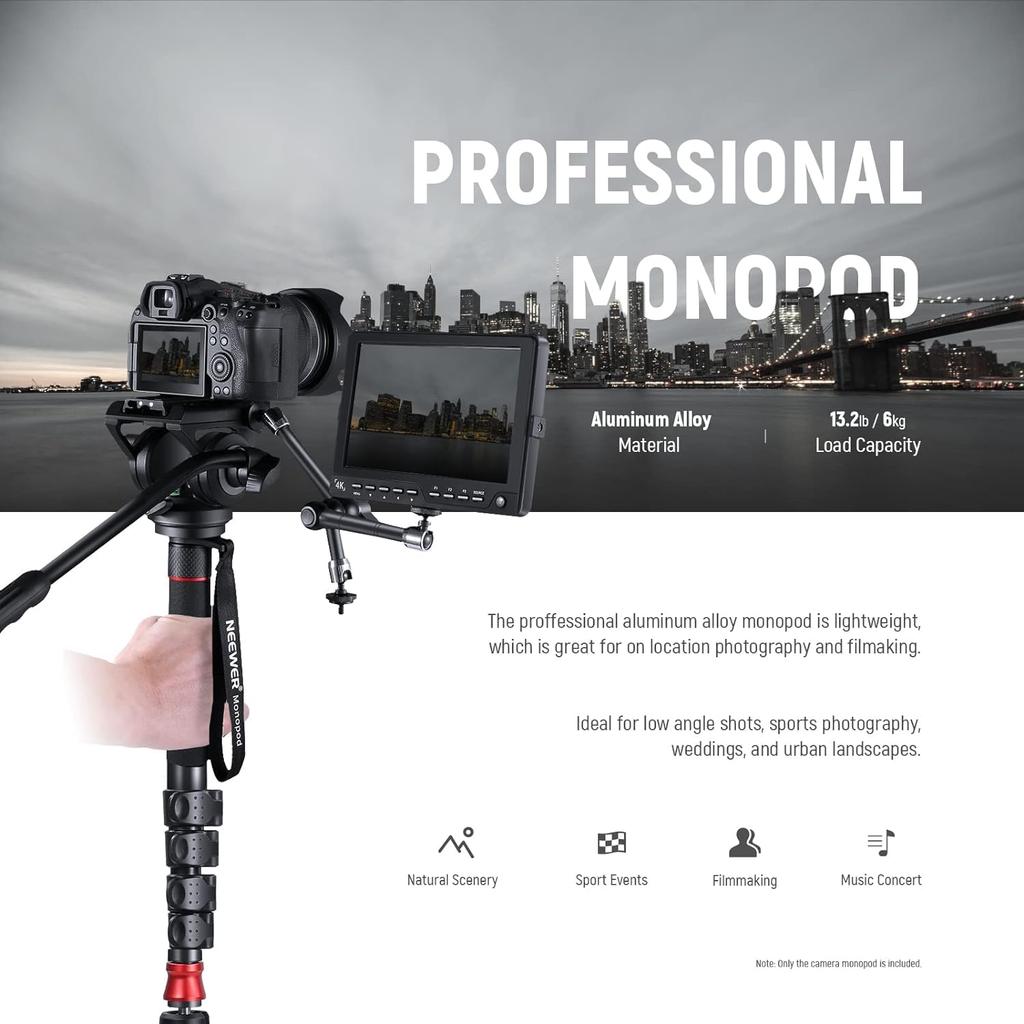 NEEWER GM76 Professional Camera Monopod with 179cm Telescopic Portable Aluminum Travel Monopod with Pan and Fluid Head and Detachable Tripod Base for