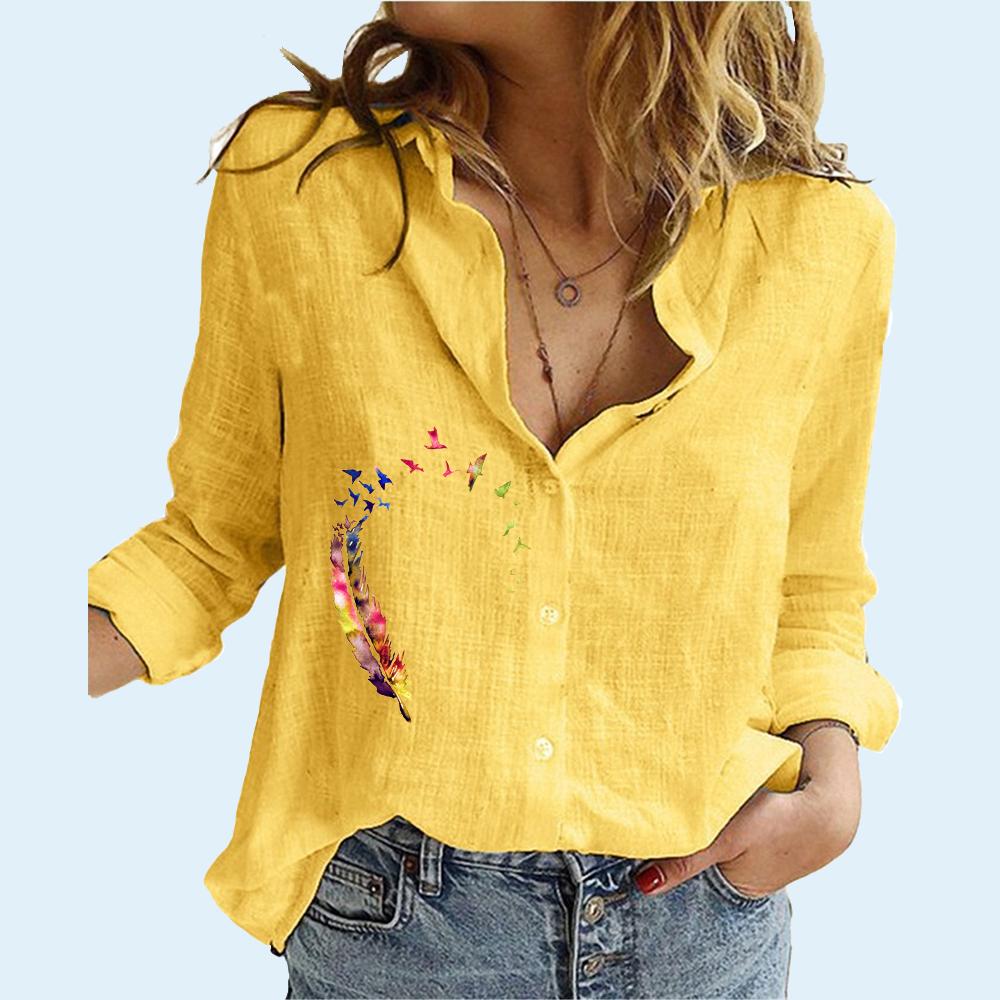Women Fashion Long Sleeve Shirt Summer&fall Loose Cotton Linen Shirt Female Casual Print Buttoned Blouses