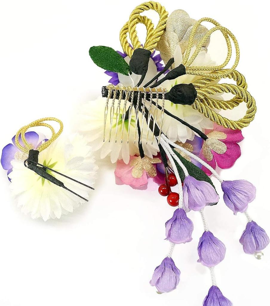 Hair Accessory Set for Furisode and Ceremonies Featuring Purple and White Flowers Two-piece (long-sleeved Kimono) Coming-of-age (wk-077),