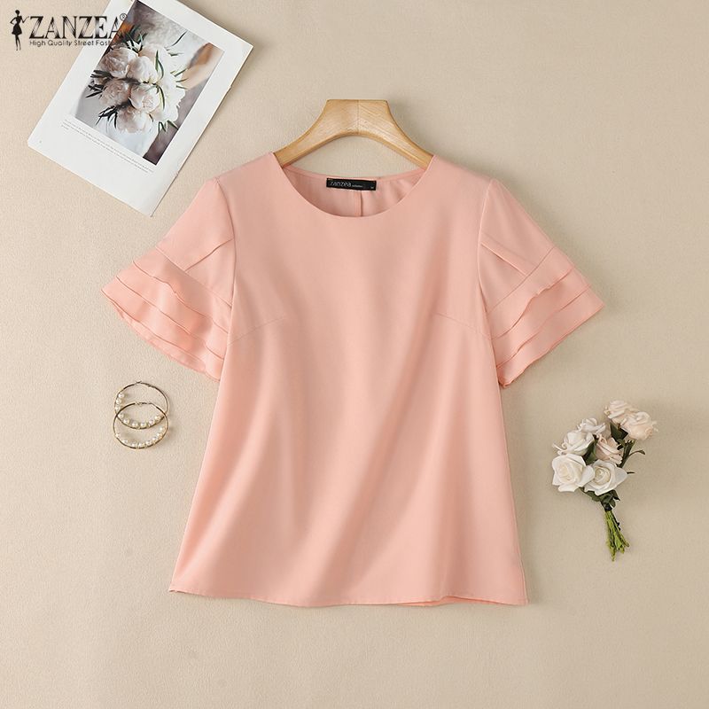 ZANZEA Blusa da donna casual a girocollo, tinta unita, manica corta larga