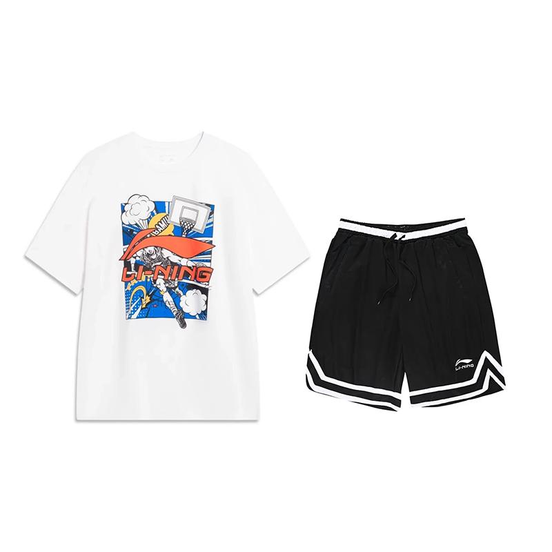 Li-Ning Round Neck Pullover Short Sleeve T-Shirt Versatile Loose Striped Shorts Casual Sports Suit Unisex Sets AHSU805-2+YAPV001-1