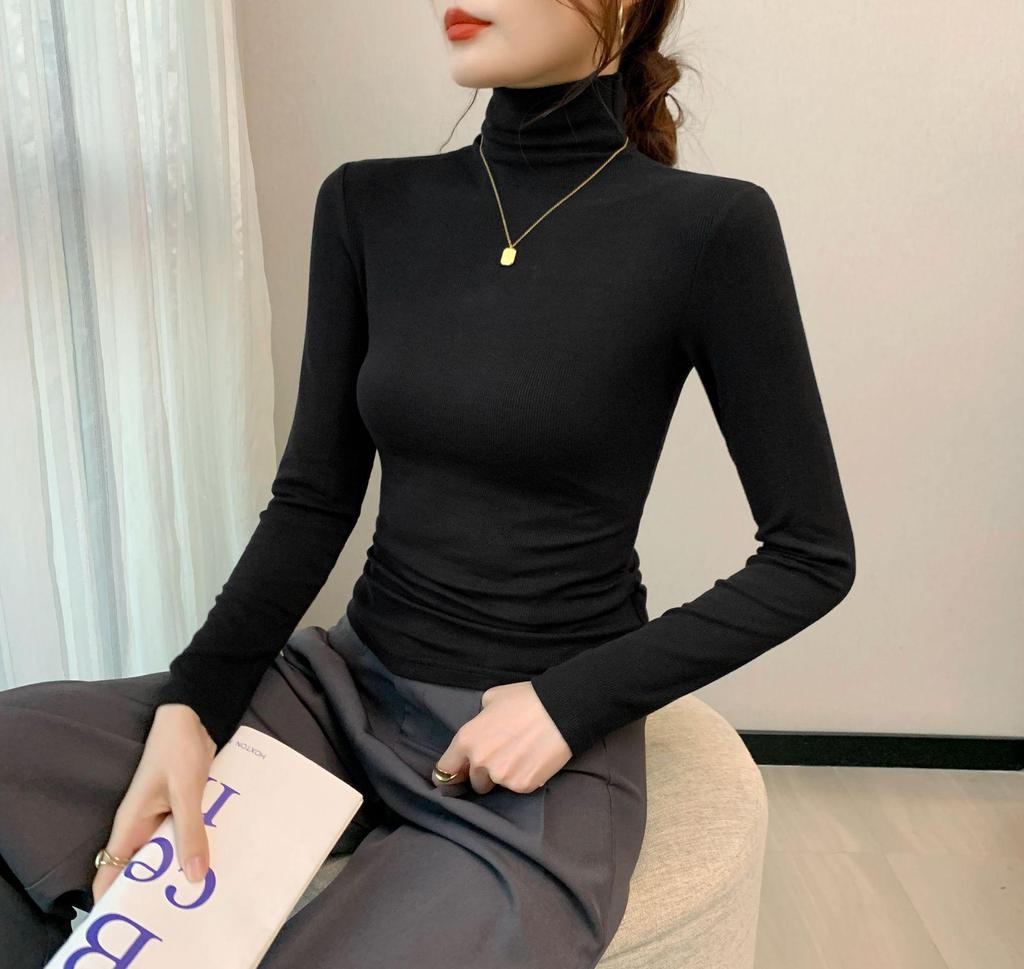 Women's Half-High Collar Ribbed Shirt: Mid-Length Sleeves, High Elasticity, Perfect for Autumn/Winter.