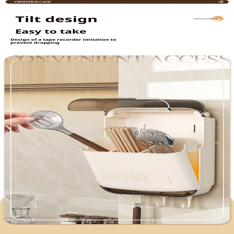 Wall Mounted Kitchen Cutlery Holder Breathable Dust-Proof Utensil Drainer No Punching With Lid Chopstick Storage Box