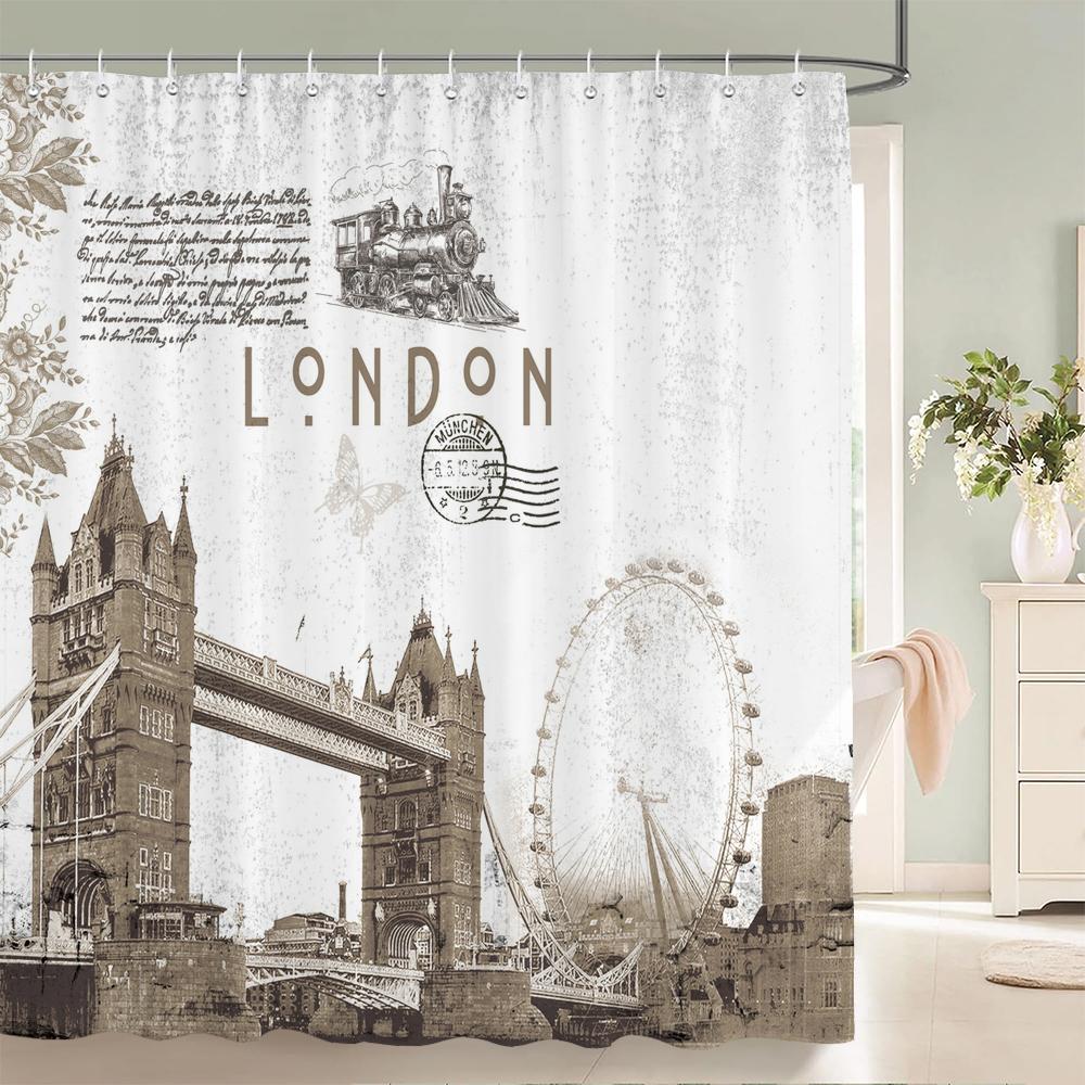 1 Pack European Retro Architecture Flower Style Shower Curtain Partition Bathroom Curtain With Hooks Home Decorative Curtain